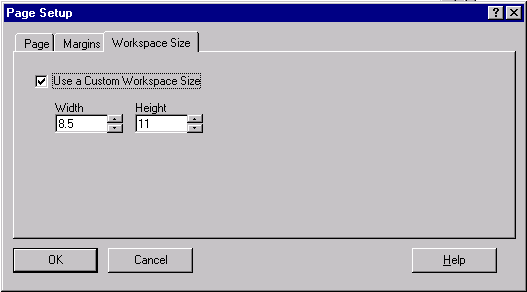 The image shows the Page Setup dialog box; Workspace Size tab.